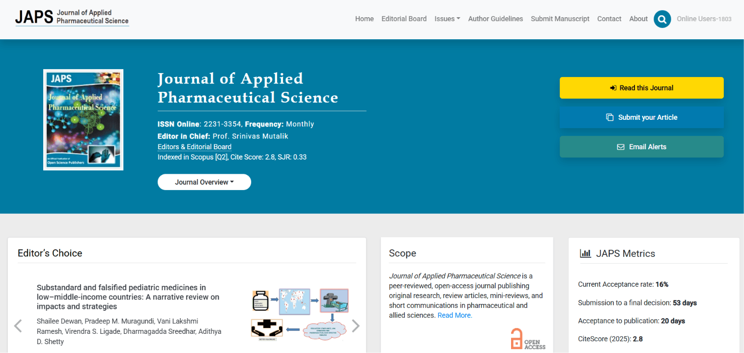 Journal of Applied Pharmaceutical Science